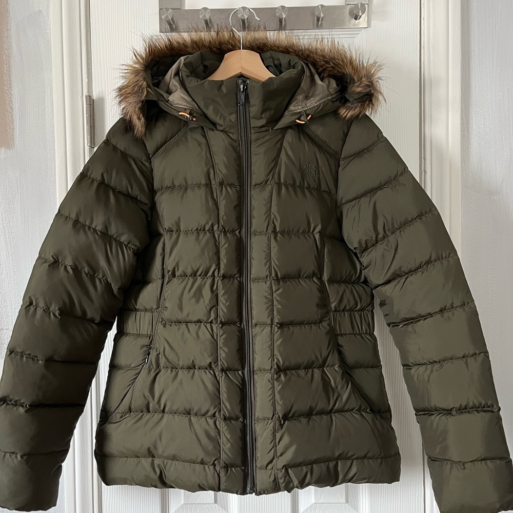 The North Face Olive Green Down Puffer Jacket with Faux Fur Hood